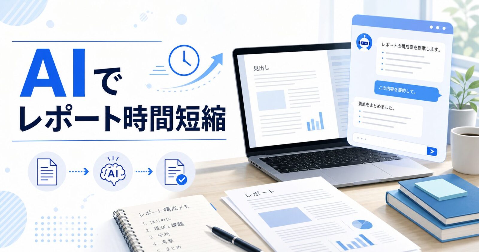 AIでレポート作成時間を短縮するイメージ